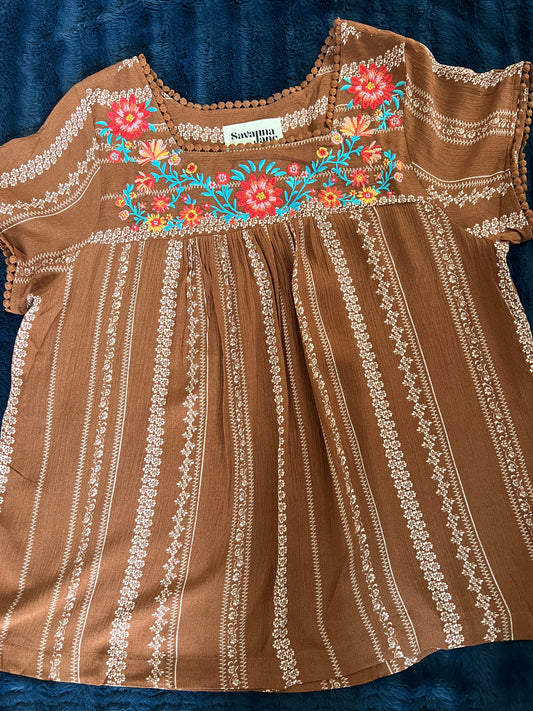 Rust embroidered babydoll top